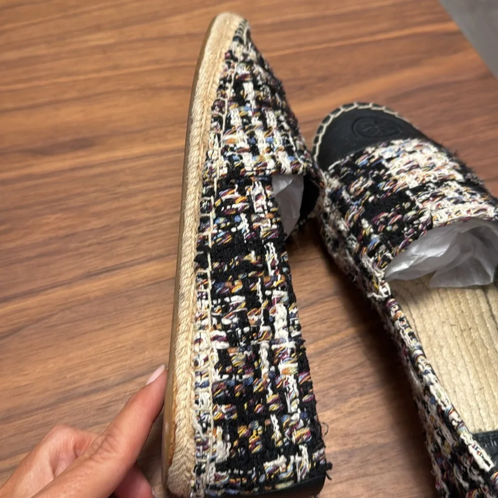 Tory Burch Black Leather Tweed Espadrille Shoes size 9.5